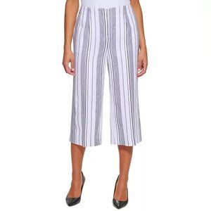 Calvin Klein Size 8 White Black Striped Cropped Linen Pants Pockets 20" Inseam